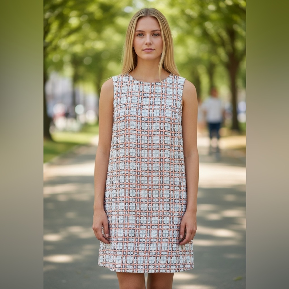 Milly Tweed Sleeveless Shift Dress Silk Lined Multicolor Pattern Size 10
